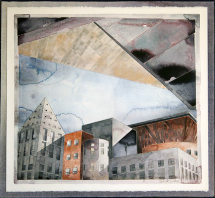 "Denver Art Museum, Sky, Library", watercolor on paper (canvas-mounted), 24 x 26 inches.
